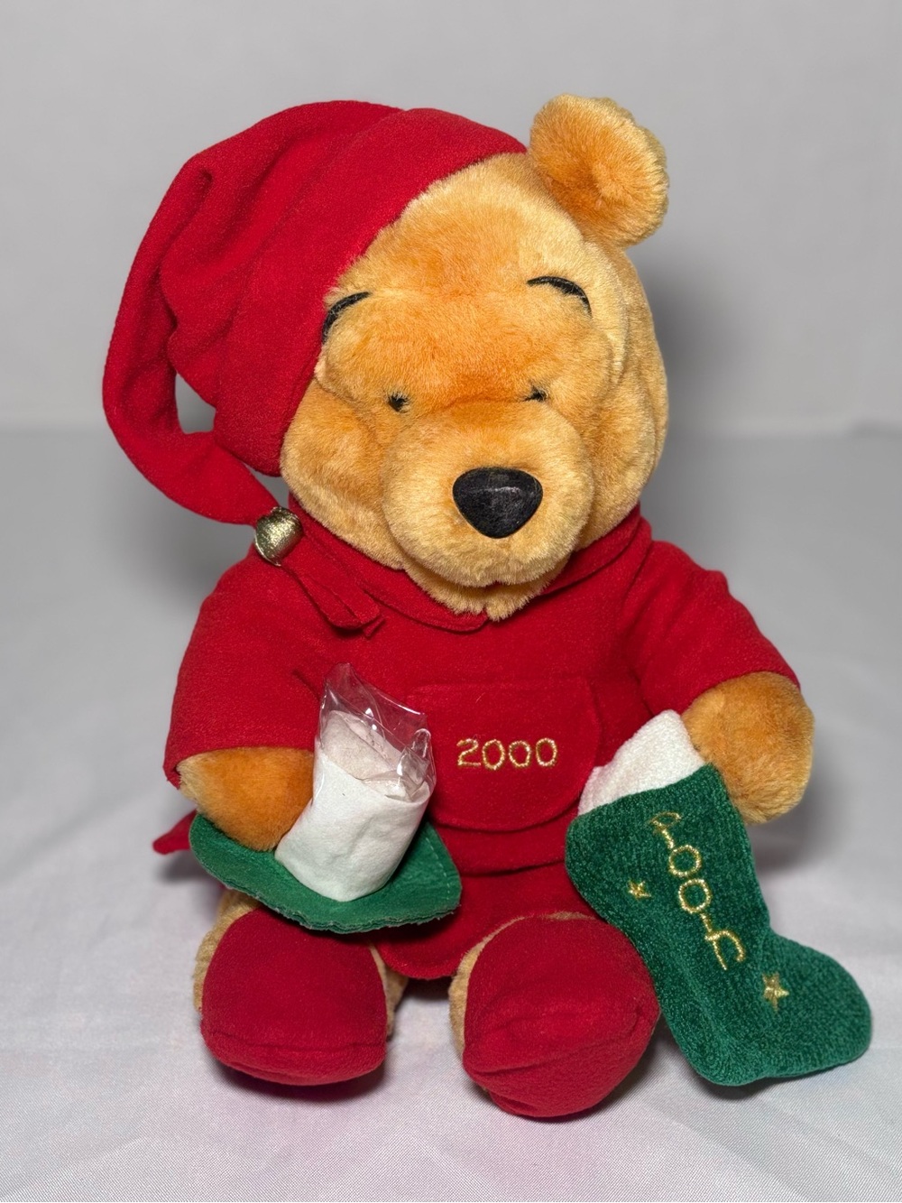Vintage Disney Store Winnie The Pooh Christmas Bedtime Plush w/ Milk & Stocking